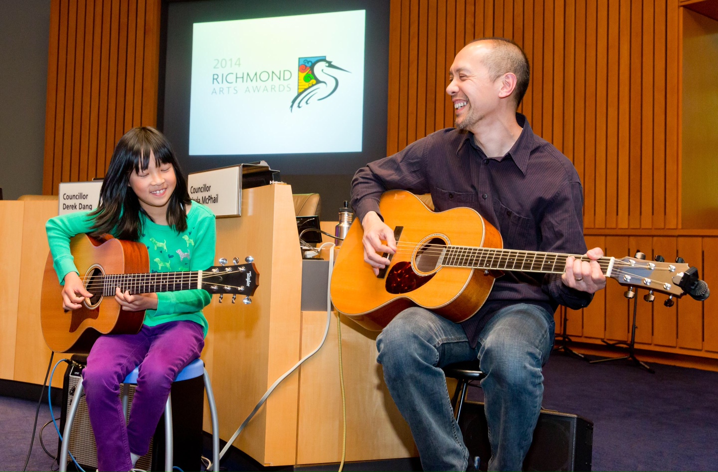 Emma and Roland Nipp playing guitar together